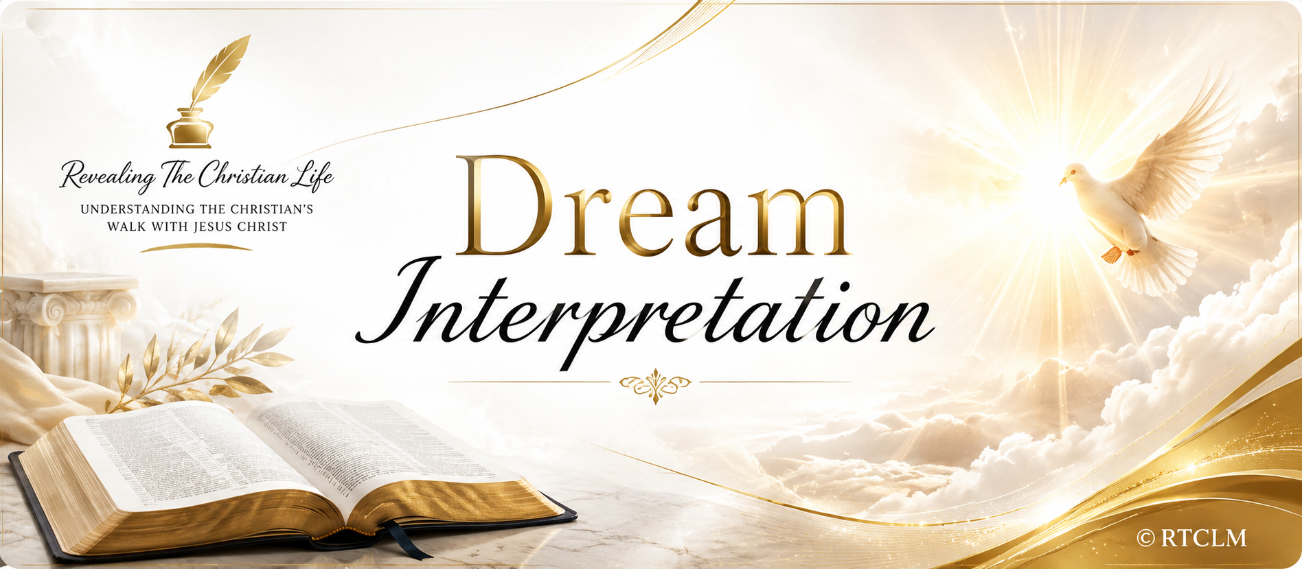 Dream Interpretation banner with RTCLM logo, open Bible, dove and white-and-gold Christian study imagery.