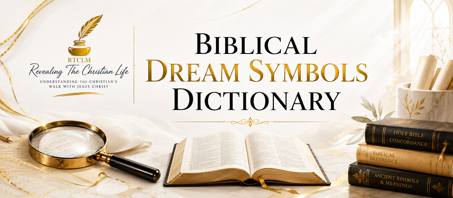 Biblical Dream Symbols Dictionary banner with RTCLM logo, open Bible, magnifying glass and white-and-gold reference imagery.